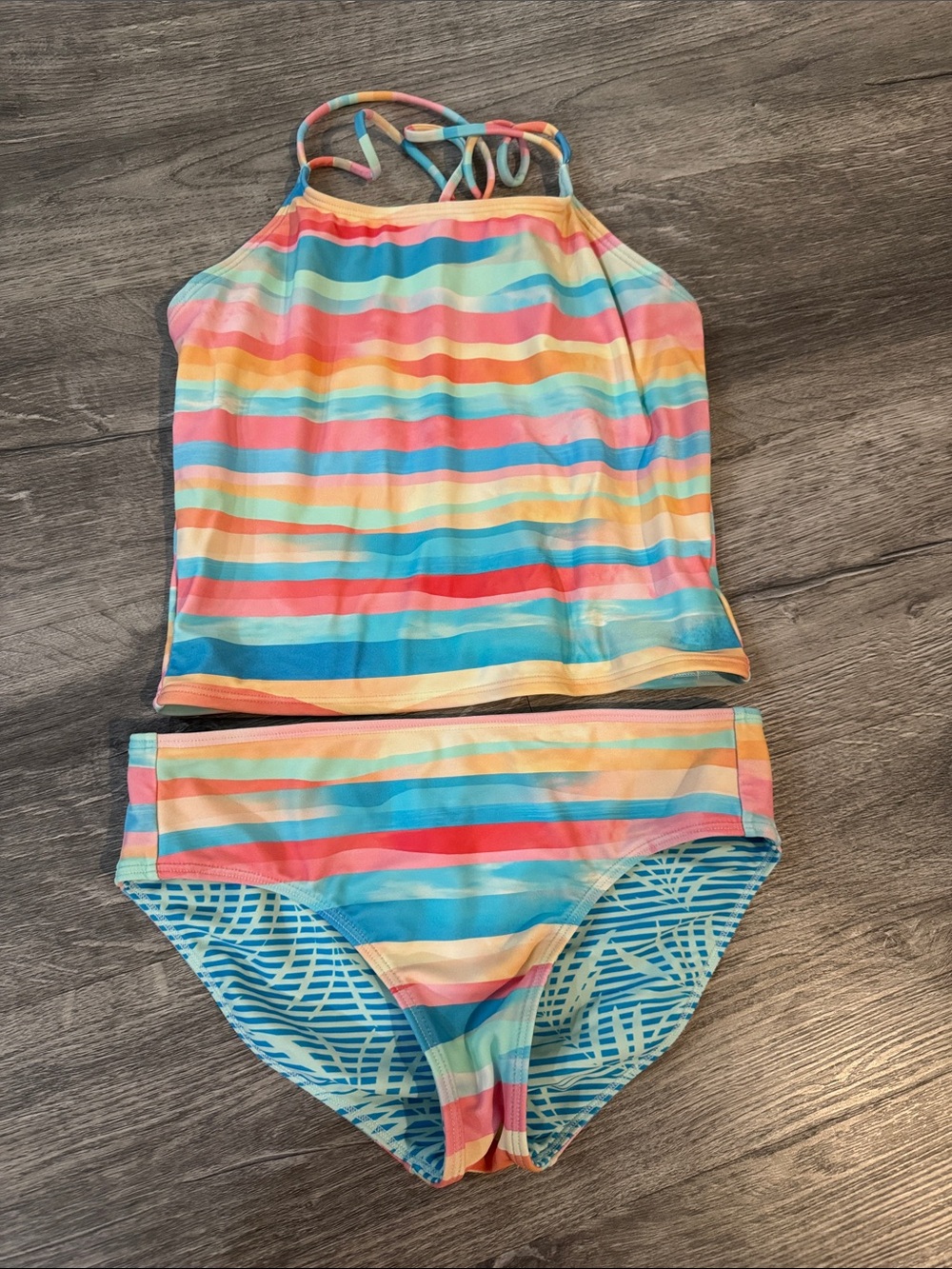 Athleta Girls' Multicolor Stripe Tankini - Coral, Teal, Yellow, Blue